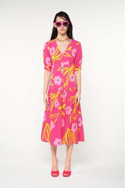 Fitted Waist Midi Shirt-Dress (floral fuchsia)